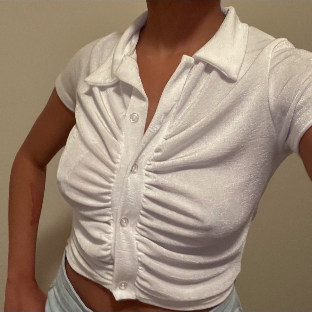 White Ruched Button Top